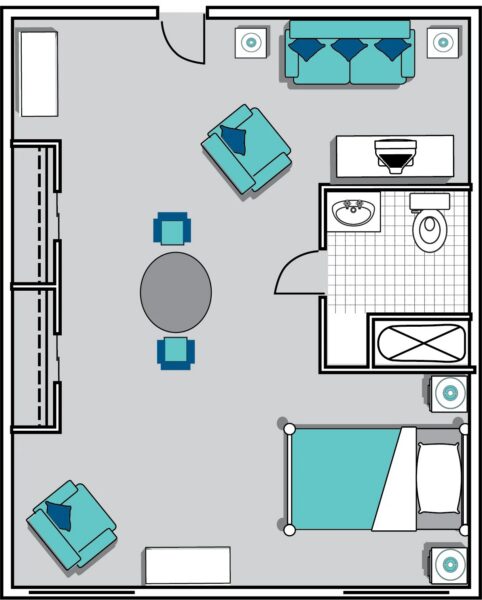 Floor plan of a small apartment with furniture layout.